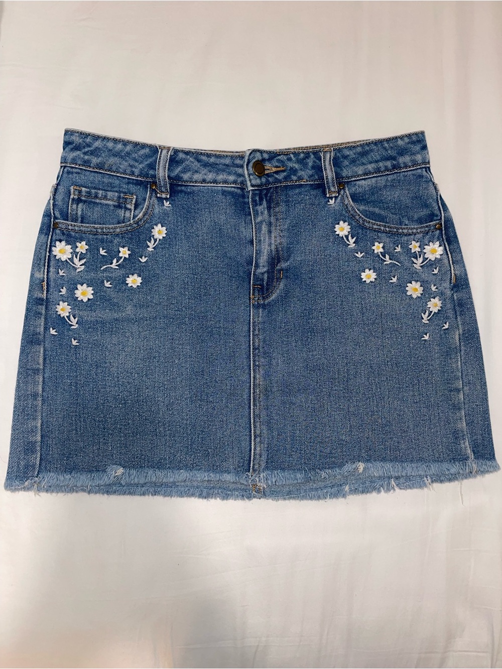 Denim Mini Skirt with Daisy Embroidery